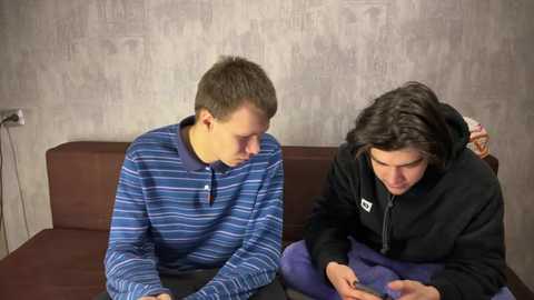 Media: Video of two young men with short brown hair, sitting on a brown couch in a dimly lit room with a gray textured wall. One wears a blue striped shirt, the other a black jacket.