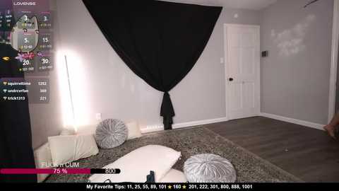 Media: A video of a modern bedroom with a large black canopy bed, white pillows, and a grey carpet. A digital overlay shows live stream details, including a chat box and user information.