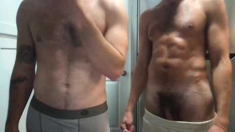 Media: Video of two shirtless men in underwear. The left man has a hairy chest, and the right man has a muscular physique. Both men are in a bathroom, with a glass shower door in the background.