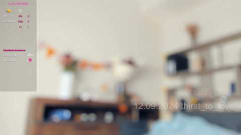 A blurry video of a cozy living room with a white wall, a TV on a wooden cabinet, and a blue couch. The image has a soft focus and appears to be taken from a first-person perspective.