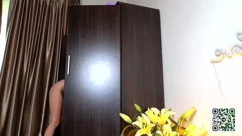 Media: Video of a person's hand opening a dark wooden cabinet with a reflective surface. Behind, beige curtains, a white wall with a small plant, and a QR code are visible.