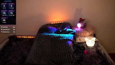 Media: Video of a cozy bedroom with a plush, dark gray furry blanket, a small white bunny figurine, and a glowing pink lamp on a beige bedside table, lit by warm, ambient lighting.