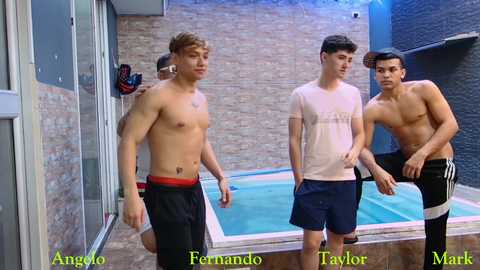 Media: Video of four shirtless young men, two standing, two crouching, near a rectangular pool, brick wall background. Text overlays: \"Angelo,\" \"Fernando,\" \"Taylor,\" and \"Mark.\