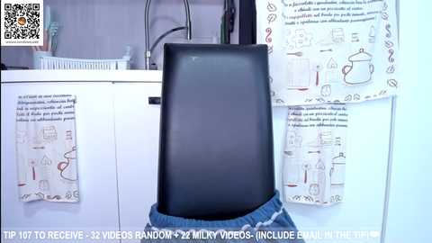 Media: A video of a person wearing blue jeans and a black t-shirt sitting on a black cushion. The background features a white countertop with a sink, and DIY instructions for making a milk jug bird feeder.