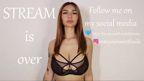 Media: Video of a light-skinned woman with straight brown hair, wearing a black strappy bra, standing against a plain white background. Text overlays promote her social media presence.