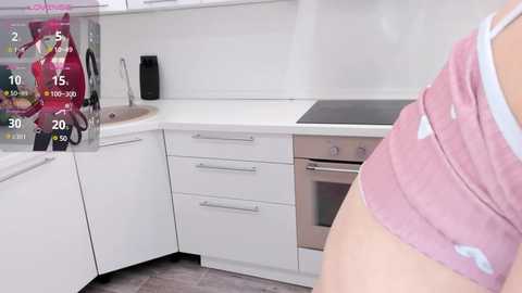 Media: Video of a modern, white kitchen with a pink shirted person in the foreground. A digital display shows a pink-haired anime character on the left.