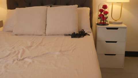 Media: Video of a modern, neatly made bed with beige bedding, two pillows, and a dark headboard. A black bra is placed on the bed. A white bedside table holds a red rose vase and a lamp.