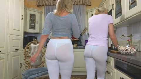 Media: Video of two women in tight, white leggings, standing in a cozy, cream-colored kitchen. The blonde with long hair wears a blue top, while the other, with short hair, wears a pink top.