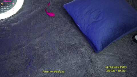 Media: Video of a plush, dark gray faux fur blanket with a vibrant blue pillow and a pink feather lying on it. Text at the bottom reads \"Ultra High Vibe, 60% TIGERAN, 40% WOOL, 1KGSF\" and \"trigam dot 9\" in yellow.