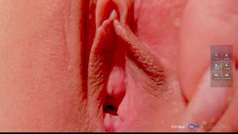 Media: A close-up video of a human vulva, featuring detailed textures and natural colors. The labia minora and majora are visible, with the labia minora slightly parted to reveal the vaginal opening. The background is blurry, focusing entirely on the genital area.