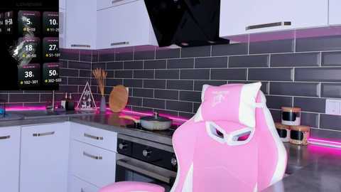 Media: Modern kitchen with pink gaming chair, black backsplash, and purple LED lights. Digital screen displays gaming stats.