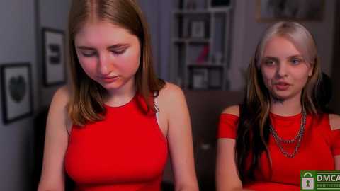 Media: Video of two young women with fair skin and long hair, wearing matching red sleeveless dresses, sitting side by side, looking downcast. Background shows a dimly lit room with shelves and framed pictures.