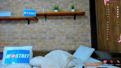 Media: A video of a modern bedroom with a wooden shelf holding two blue \"Monster Beat\" speakers. The bed features white pillows and a beige blanket, against a brick wall. The room also has a wooden door and a window.