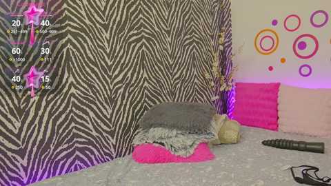 Media: Video of a zebra-striped bedroom with a zebra-print wall, pink and grey bedding, and vibrant circular wall art.