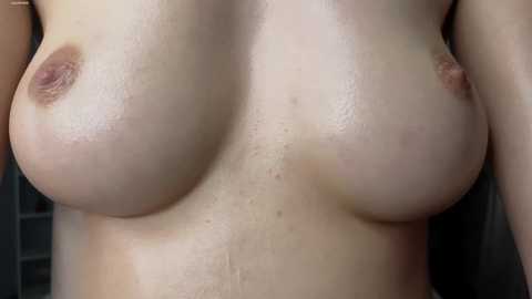 Media: Video of a nude woman's chest, showing large, round breasts with prominent nipples. Her skin is light with a slight tan, and her body is smooth with minimal hair. The background is out of focus, possibly a shower or bathroom.