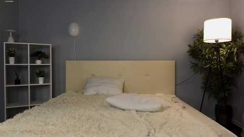 Media: Video of a minimalist bedroom with a beige headboard, cream bedding, white pillows, a white floor lamp, and a white shelving unit with potted plants.