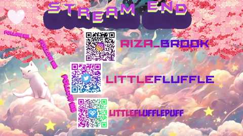 Media: A vibrant digital art collage with a white cat, pink cherry blossoms, and fluffy pink puffs, featuring QR codes, text, and \"STREAM END\" at the top.