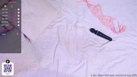 Media: A video shows a white bed with a pink bra, black vibrator, and a textured pillow, alongside a QR code and a live streaming screen.