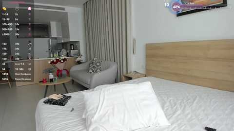 Media: A video of a modern, minimalist hotel room with a large bed, light wood headboard, and beige curtains. A small kitchenette with a coffee maker and microwave is visible in the background.