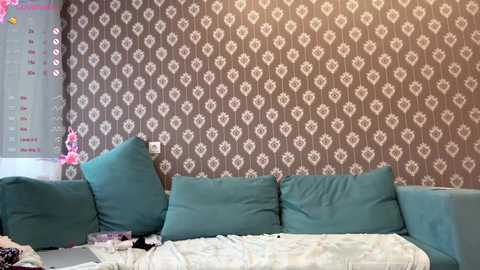 Media: Video of a messy living room with teal couch, white and teal blankets, and a brown and white floral-patterned wallpaper.