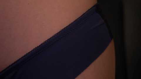 Media: Close-up video of a person's thigh showing a blue elastic waistband of underwear with a subtle texture. The skin tone is light, and the background is neutral, possibly beige. The image is cropped tightly, focusing on the waistband.