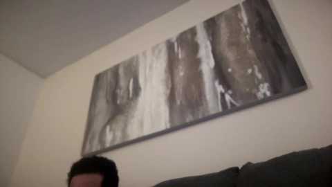 Media: A video of a person with short dark hair, blurred face, sitting on a dark sofa. The background features a large abstract painting with muted tones of gray, white, and black.