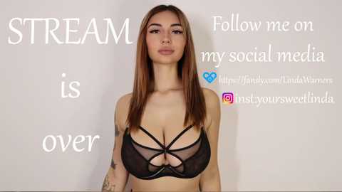 Media: Video of a young woman with long brown hair, wearing a black strappy bra, against a plain white background. Text overlay: \"STREAM is over,\" \"Follow me on my social media,\" with social media icons.