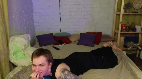 Media: Video of a man lying on a bed in a cozy bedroom with white brick wall, purple pillows, and wooden shelves holding books and decor.