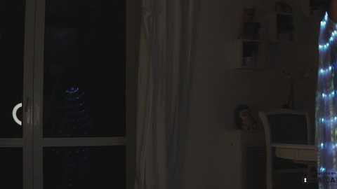 Media: Video of a dimly lit room with a large window, partially covered by white curtains, showing a person outside. The room has shelves with items and a small TV, with blue string lights on the right side.