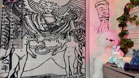 Media: Video of a detailed black-and-white tapestry depicting a nude angel-like figure, with two nude humans, and a pink teddy bear on a shelf in the background.