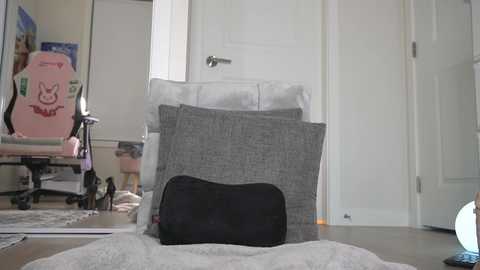 Media: Video of a cozy, well-lit room with a plush, light gray cushioned chair, a gray throw pillow, and a black pouch on a soft, light beige rug.