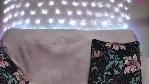 Media: A video of a plush, furry blanket adorned with a floral pattern and a cushion featuring similar flowers. The background is illuminated by a string of white fairy lights.