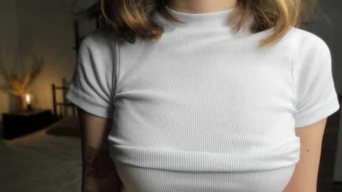 Media: Video of a woman wearing a ribbed white t-shirt, her medium-sized breasts visible through the fabric. She has shoulder-length brown hair. Background features a dimly lit bedroom with a bedside table lamp.