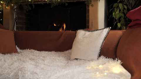 Media: Video of a cozy living room with a fire burning in the fireplace, warm orange couches, a fluffy white rug, and a decorative white pillow with black trim.