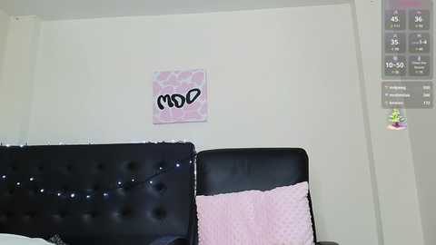 Media: Video of a modern, minimalist bedroom with a black tufted headboard, a pink blanket, and a wall with a pink abstract art print and a digital clock showing 10:30.