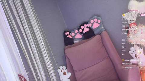 Video of a person in a brown chair, wearing a black hat, with two stuffed cat toys on the headrest; background features a pink wall and white curtains.