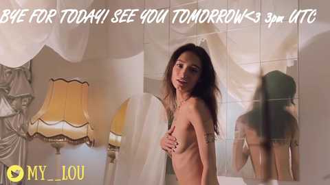 Media: Video of a slender, topless woman with long brown hair, standing in a mirrored room, text overlay \"BYE FOR TODAY! SEE YOU TOMORROW + 3AM + 3AM!\