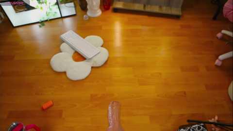 Media: Video of a child's playroom with wooden floor, a large white flower-shaped cushion, scattered toys, and a partially visible adult's legs.