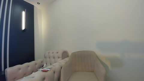 Media: Video of a minimalist room with beige tufted couch and matching armchair against a plain white wall. Dark blue curtains with vertical stripes are on the left, and a modern light fixture is mounted on the wall.