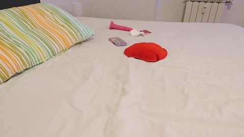 Media: A video of a neatly made bed with a white sheet, a colorful striped pillow, a red bra, a pink vibrator, and a remote control on the pillow, in a modern, minimalistic bedroom.