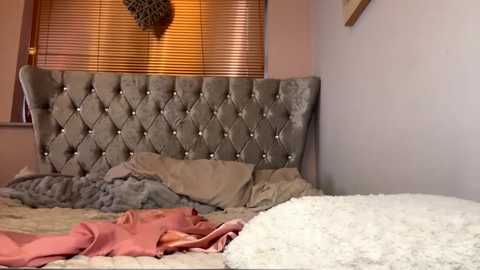 Media: Video of a plush, tufted grey headboard with a decorative pattern, beige bedding, and a fluffy white rug in a cozy, warmly lit bedroom.