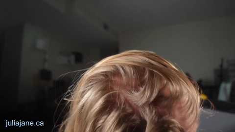 Media: Video of a blonde woman with wavy hair in a dimly lit room, showcasing the back of her head, with blurred background details.