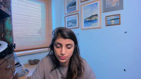 Media: A video of a young woman with long dark hair, wearing a beige sweater, sitting indoors with light blue walls adorned with framed paintings of coastal scenes, near a window with blinds.