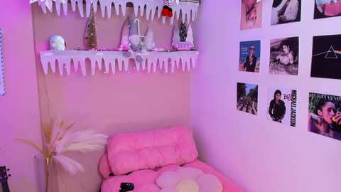 Media: Video of a pastel-colored, cozy room with a pink sofa, white shelves adorned with decorations, and a wall covered in framed photos.