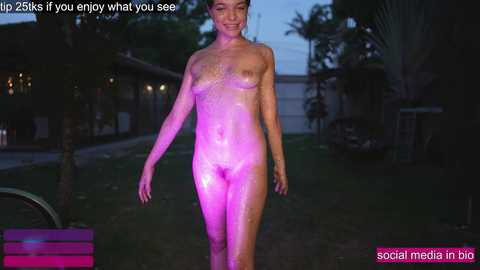 Media: A video of a nude woman with light skin and small breasts, covered in purple paint, walking in a suburban yard at dusk. The background features palm trees and houses.