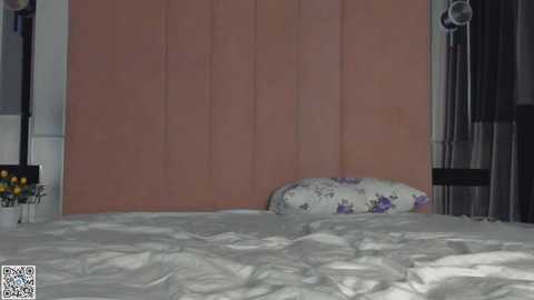 Media: Video of a messy bedroom with a white bed, peach-colored wall panel, and a floral pillow.