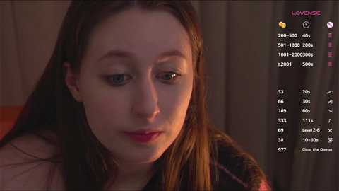 Media: A close-up video of a young woman with light skin, brown hair, and a neutral expression. She wears a plaid shirt. Background shows a dimly lit room with a \"Love Sense\" interface on the right.