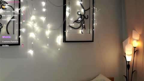 Media: Video of a cozy bedroom with a white bed, beige walls, a black-framed mirror, white string lights, and a modern floor lamp with white shades.