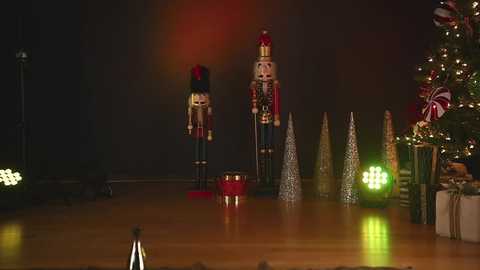 Media: Video of a dimly-lit Christmas room with wooden floor, decorated with metallic Christmas trees, red nutcracker, and a lit Christmas tree; festive ambiance with warm lighting and holiday decorations.