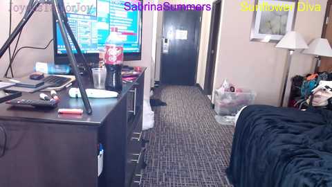 Media: Video of a cluttered hotel room with a TV, bed, and scattered personal items, featuring a woman with dark hair and glasses in the foreground.